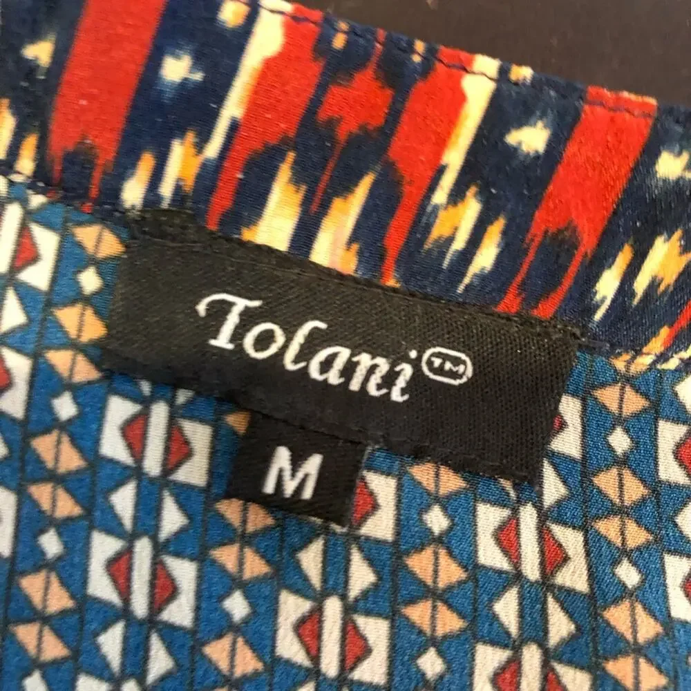 Tolani red blue orange graphic print silk shift dress size Medium